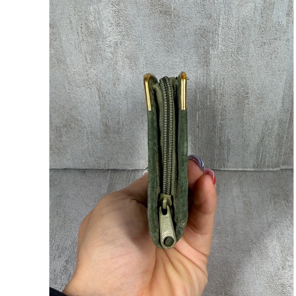 English Leather Green Suede Zip Around Card Holder Wallet Gold Corners Vintage